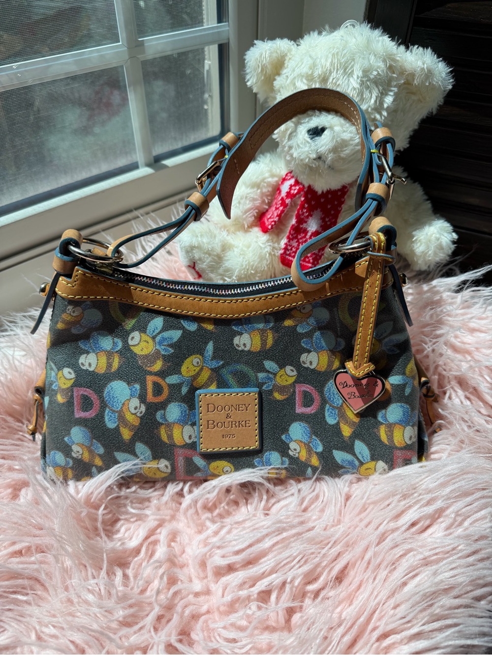 Dooney & Bourke Black Bee Print Shoulder Bag with Tan Trim